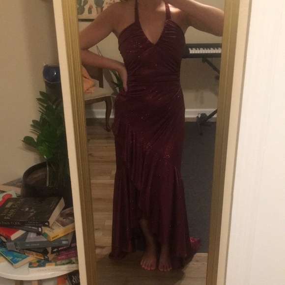 City Triangles | Red Glitter Halter Ruffle Dress - Picture 2 of 7